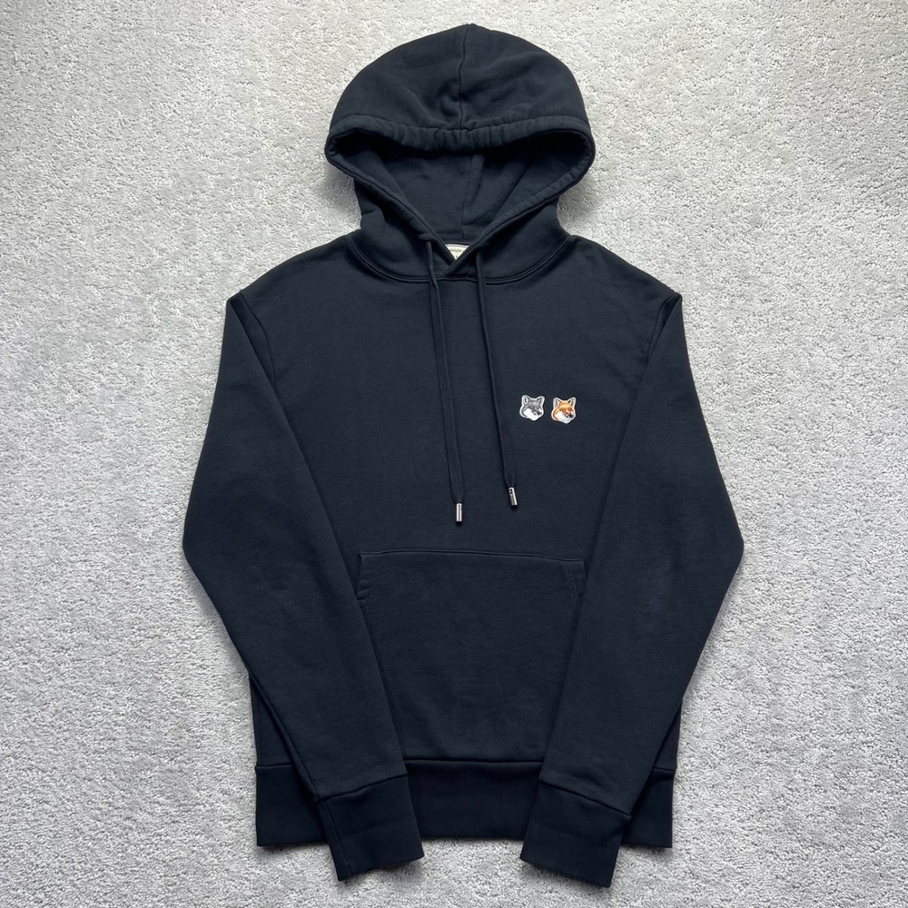 Maison‎ Kitsune Hoodie Size Small Black Double Fox Head Embroidered Patch